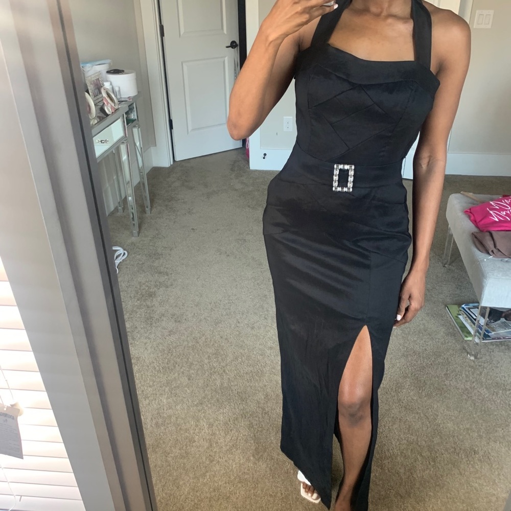 Jessica McClintock High Slit Low Back Black Gown
